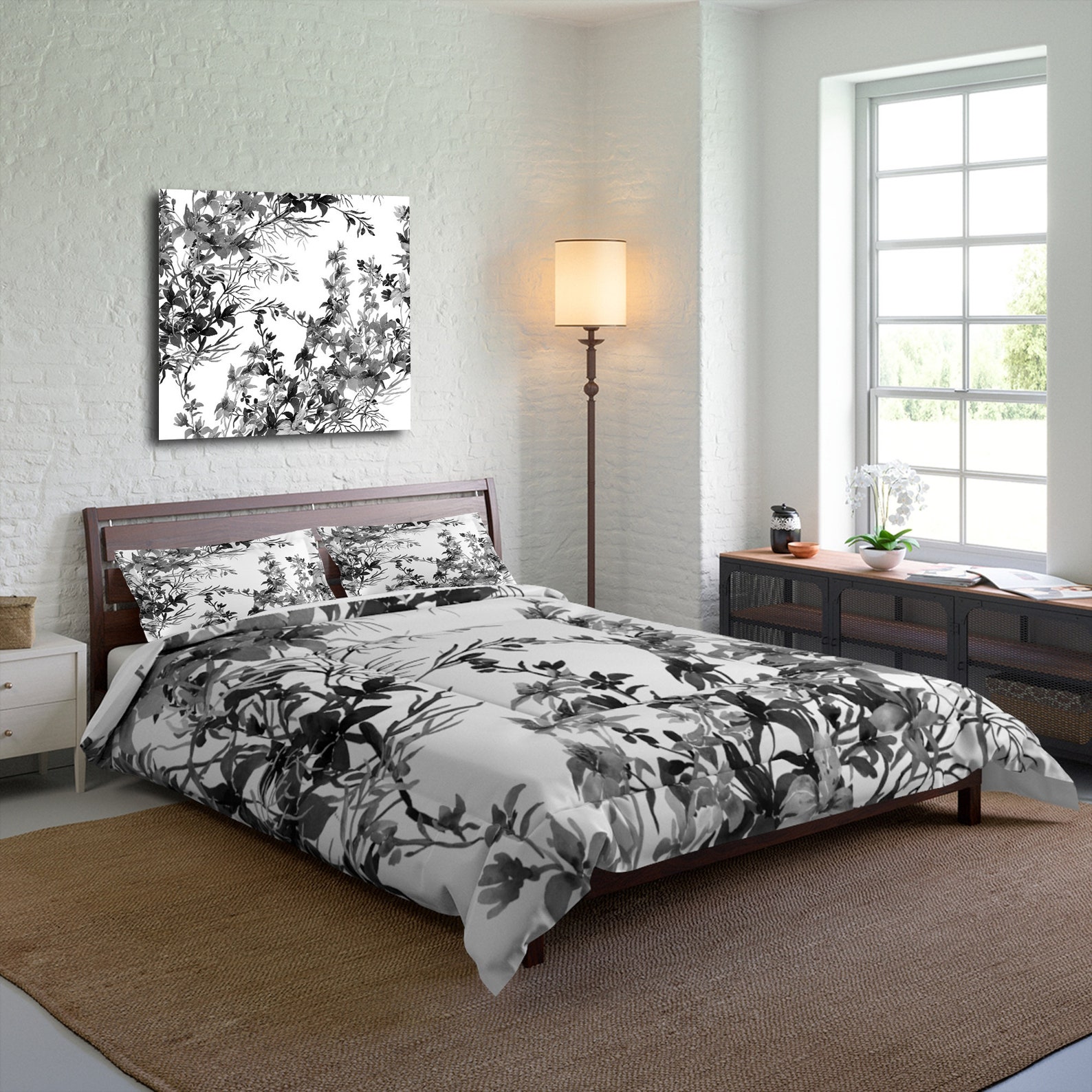 Comforter Set Queen King Twin Size White With Black Floral Etsy