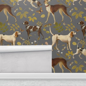 May include: A seamless pattern wallpaper featuring a repeating design of stylized dogs and leaves in shades of brown, white, and gold on a gray background.