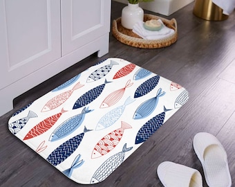 Fish Bathmat, Cabin Bathroom Rug, Sea Bath Mat, Beach House Bathroom Accessories, Kids Bath Mat