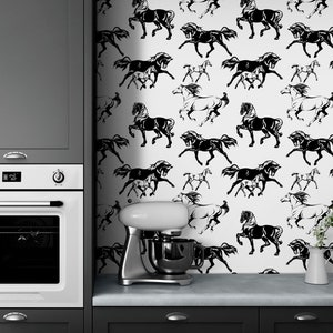 Black White Wallpaper with Horse, Equestrian Decor, Ranch House Décor, Wall Paper Peel Stick