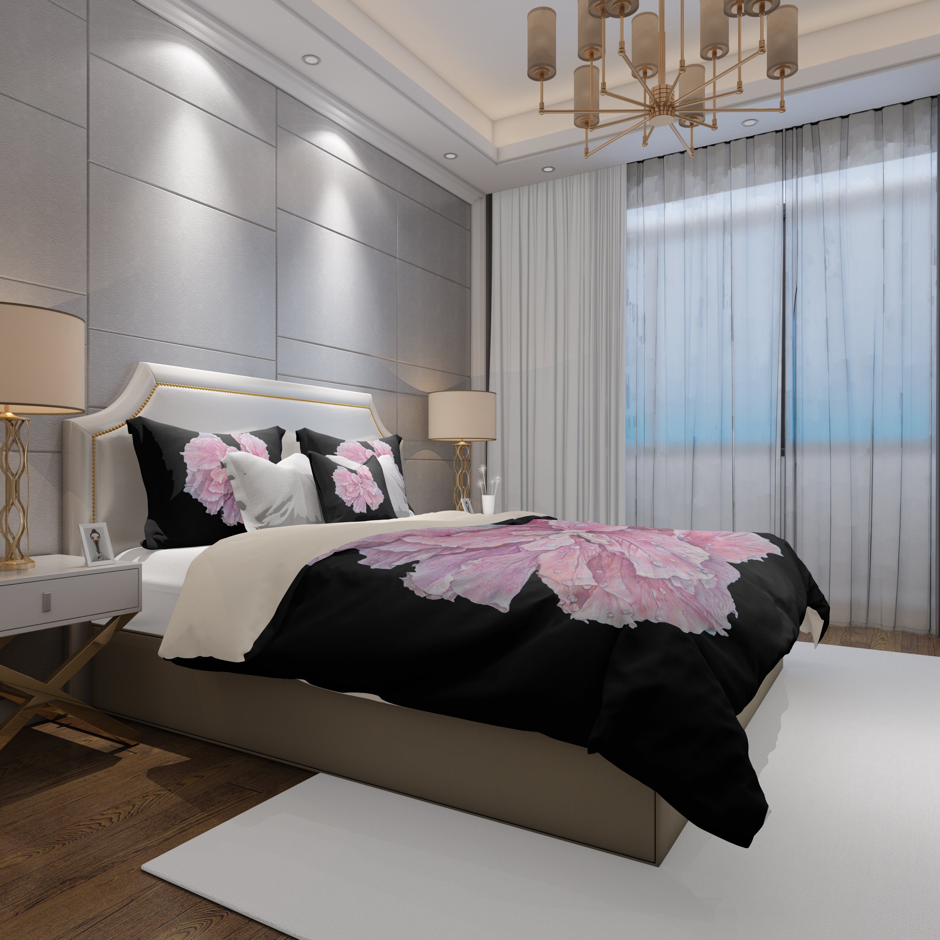 Unique Bedding, Rose Duvet Cover Twin, Queen Size and Pillow Shams Black  With Pink Flower - Etsy, image size:3000x3000