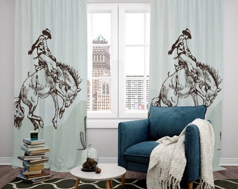 Western Curtains, Southwestern Curtain with Cowboy, Gray Window Panels, Ranch Décor