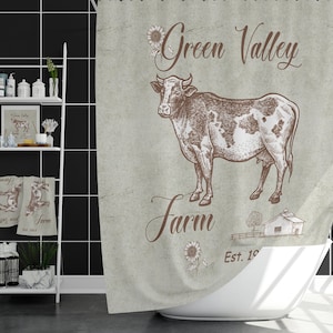 Cow Shower Curtain, Personalized Farm Shower Curtain, Farmhouse Chic Bathroom, Shabby Gray Curtain