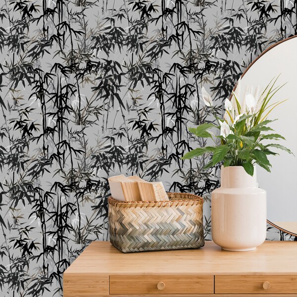 Black White Wallpaper, Japan Wallpaper with Bamboo, Monochrome Wall Paper Peel and Stick