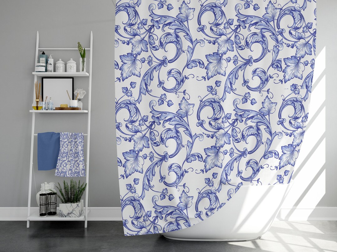 Blue Bath Curtain, Bath Curtain With Flowers, White Shower Curtain