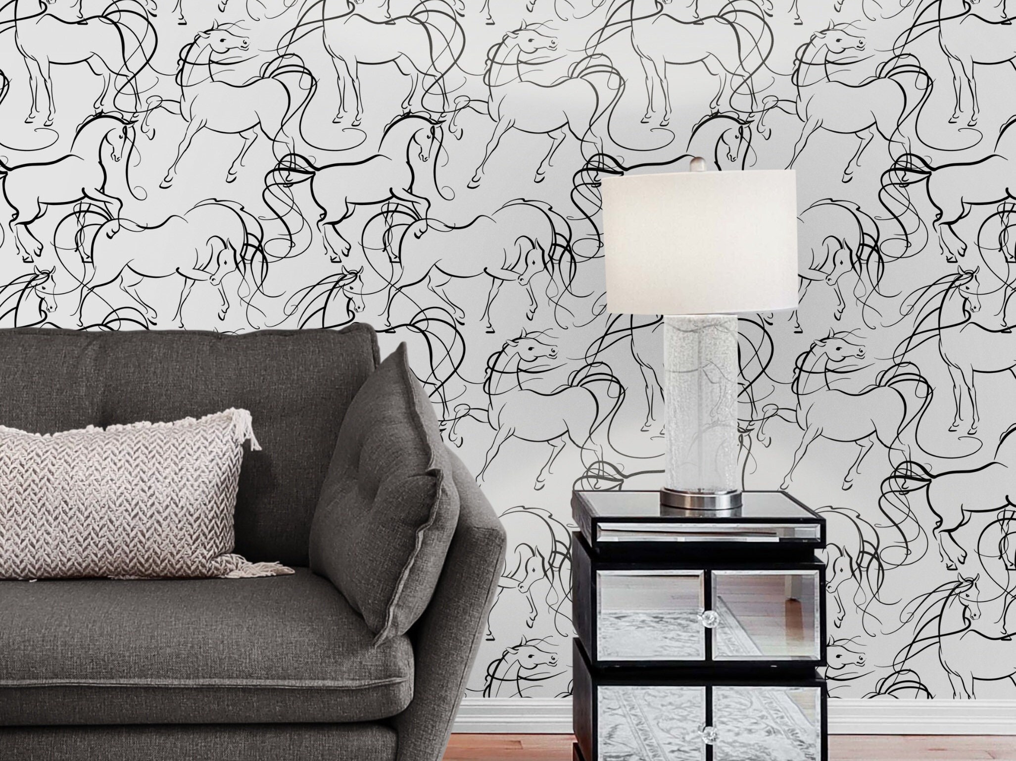 Black White Wallpaper Abstract Wall Paper Horse Wall Decal Etsy