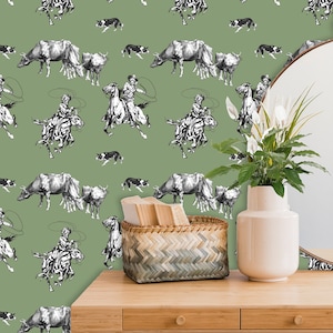Green Wallpaper, Western Wall Paper with Cowboy, Southwestern Decor, Ranch Wallpaper, Removable Wallpaper Peel and Stick