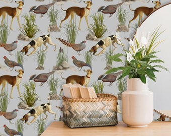 Retro Wallpaper, Hunting Wall Decor, Bird Wallpaper Peel and Stick, Dog Wall Paper with Pheasant Birds, Cabin Décor
