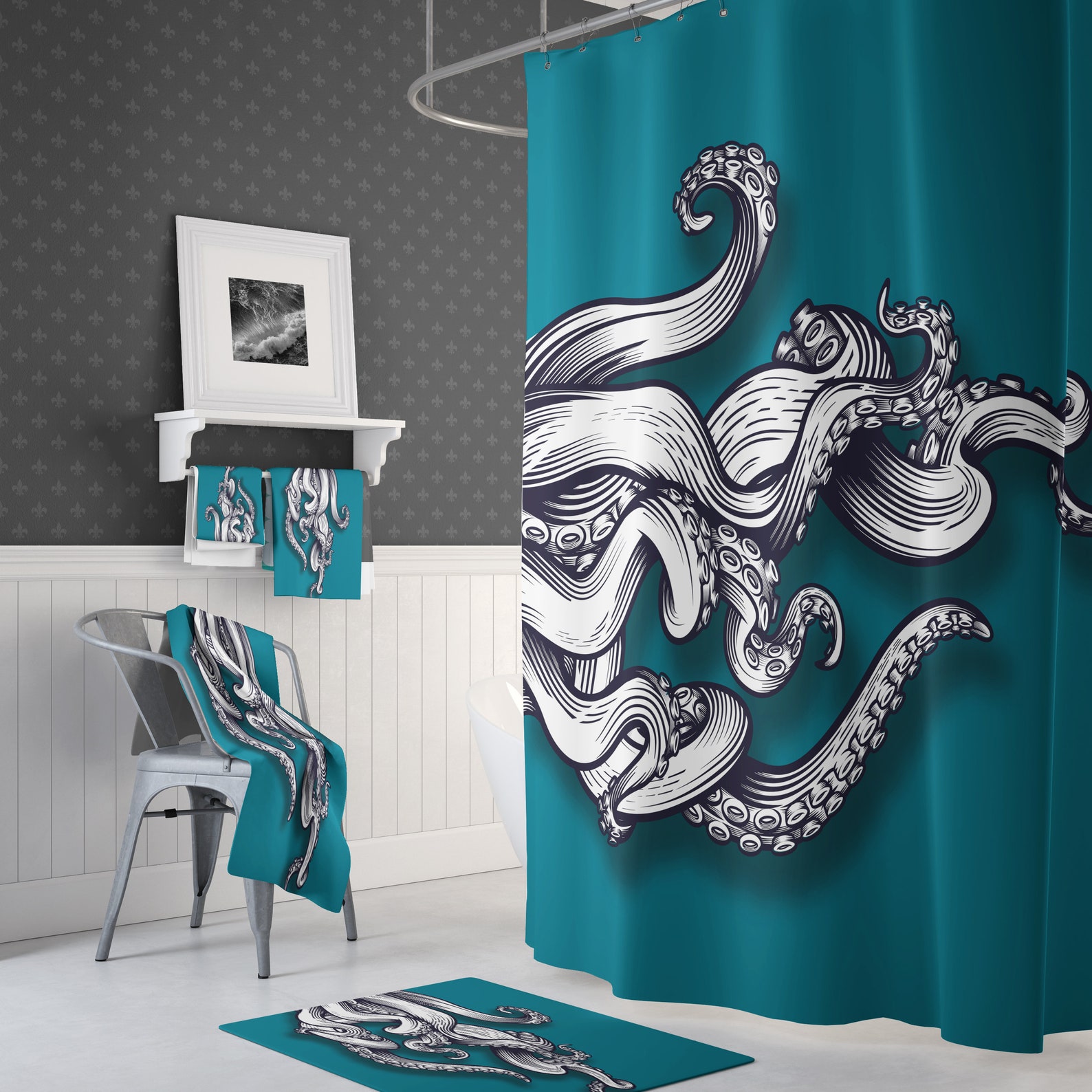 Teal Bathroom Set Shower Curtain and Bath Mats Shower Curtain - Etsy