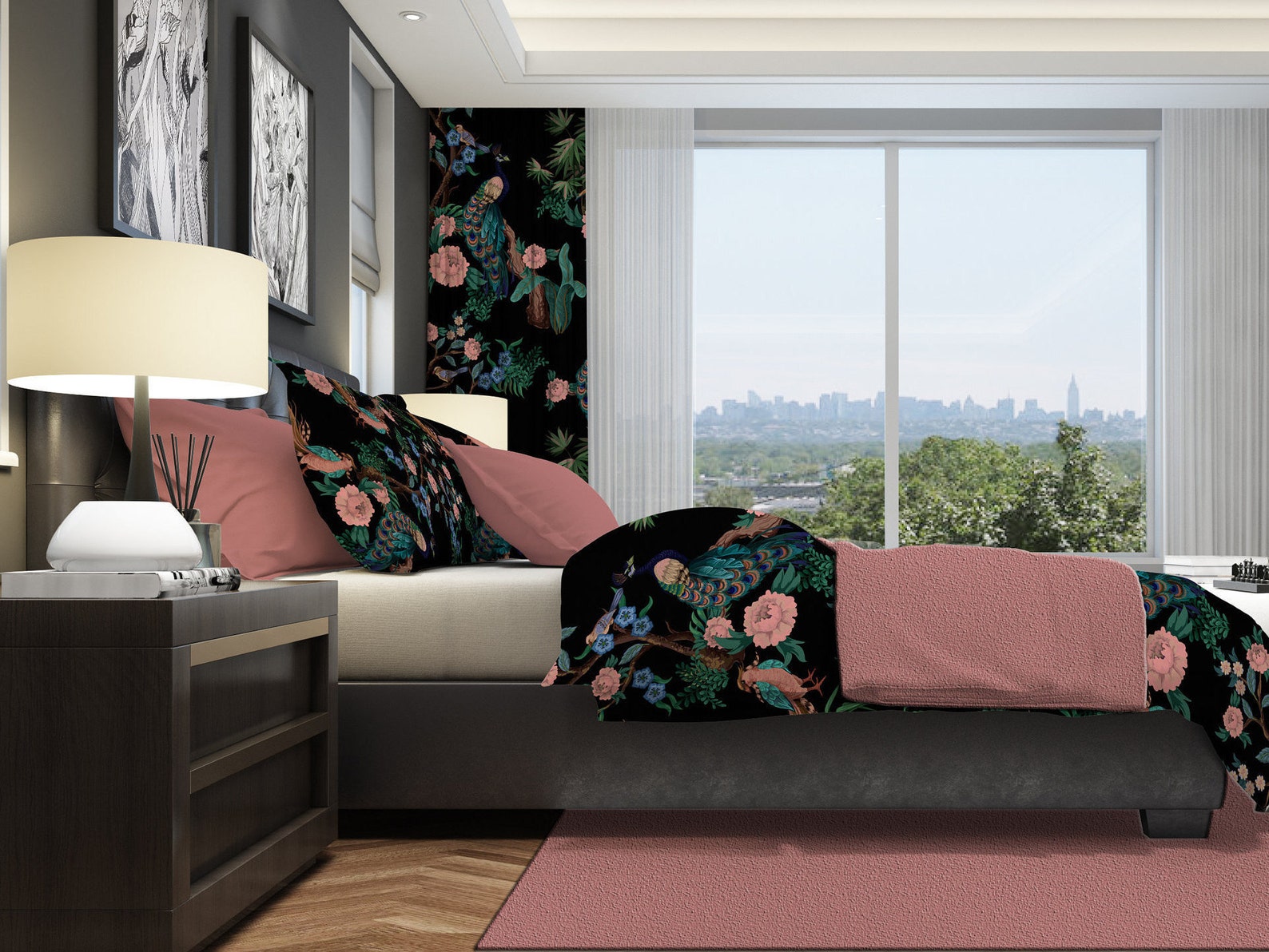 Black Floral Duvet Cover Peacock Bedding Duvet Cover Queen Etsy