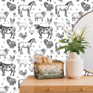 Farm Animals Wallpaper, Removable Farmhouse Wall Paper Off-white, Wall