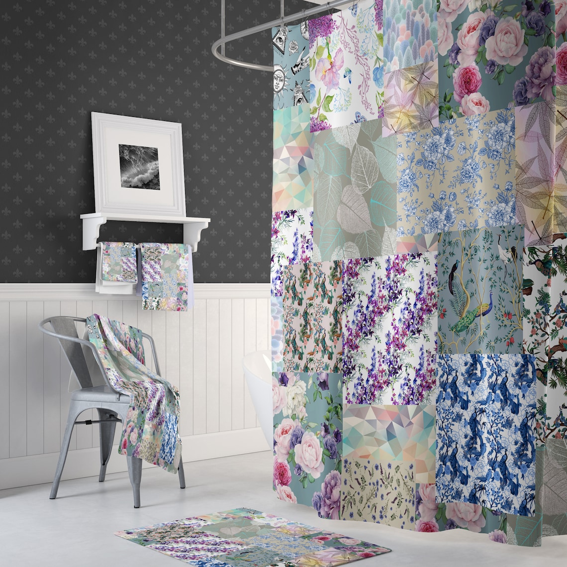 Patchwork Shower Curtain Floral Bath Curtain Quilt Print - Etsy