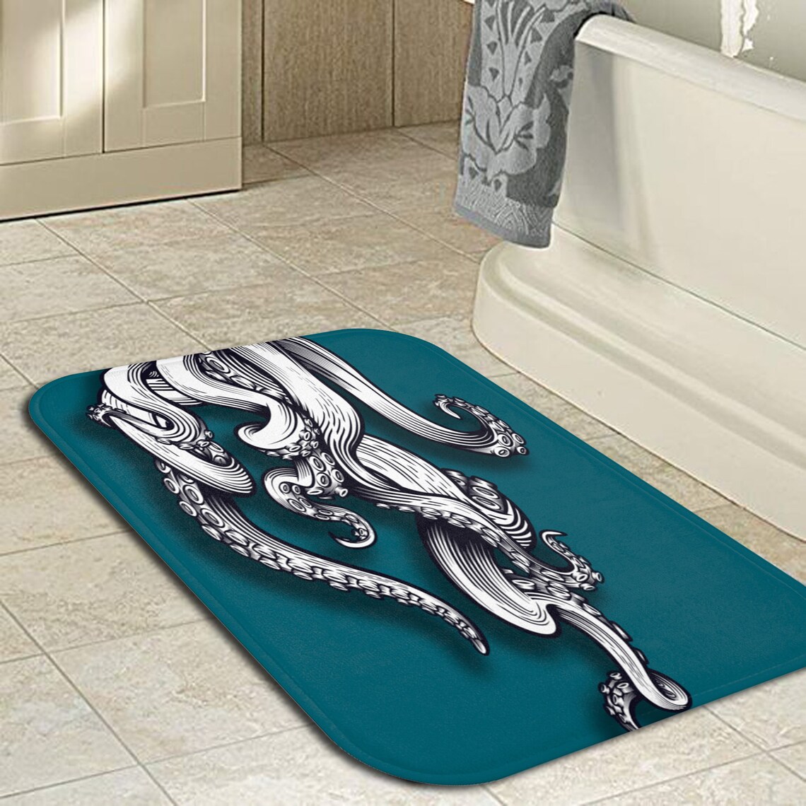 Tentacle Bath Mat Teal Bath Rug With Kraken Nautical Home Etsy