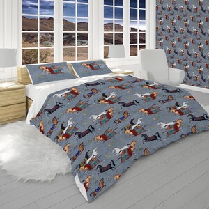 Horse Bedding, Blue Comforter and Pillow Shams Set, Equestrian Decor, Farmhouse Bedroom Set