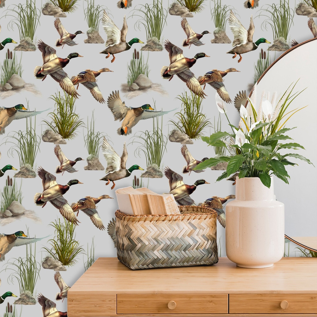Duck Wallpaper, Retro Wall Paper Peel & Stick, Birds Wall Decal, Gray