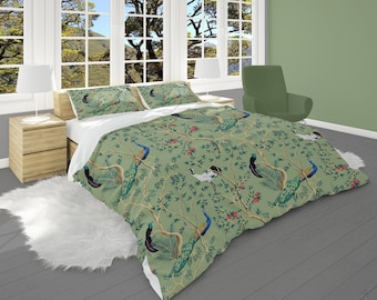 Sage Peacock Comforter and Pillow Shams Set: Japanese Style Bedding