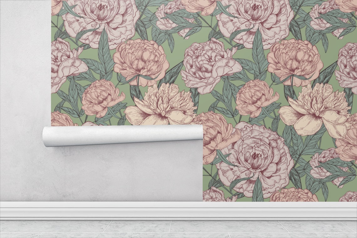 Peony Wallpaper Pink Flowers on Sage Green Wall Decal | Etsy