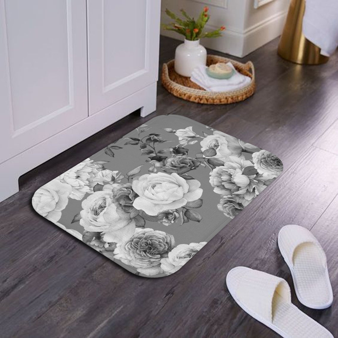 Bath Mat Floral Black and White Bath Rug With Flowers Etsy