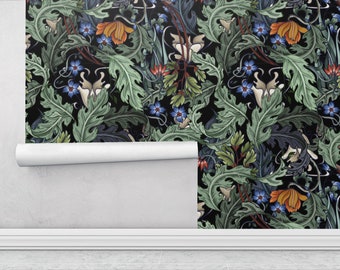 Art Deco Wallpaper, Art Nouveau Wall Decor, Dark Wallpaper with Leaves, Traditional Wall Paper