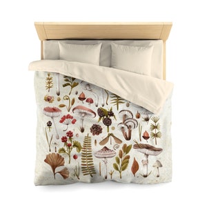 Mushroom Duvet Cover and Pillow Cases, Vintage Botanical Bedding Accessories, Country Bedroom Décor image 2