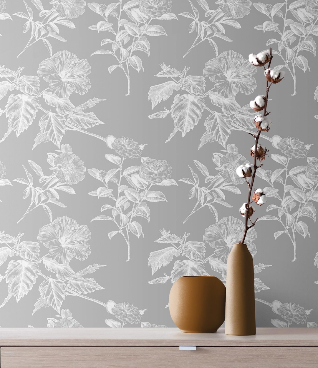 Gray Floral Wallpaper With White Flowers Botanical Wall Mural Peel And gray-floral-wallpaper-with-white-flowers-botanical-wall-mural-peel-and