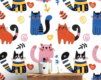 Cute Cat Wallpaper, Colorful Funny Wall Art, Peel and Stick, Traditional or Prepasted Wall Paper