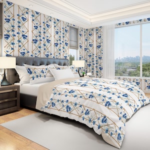 Blue Floral Duvet Cover, Set with Pillow Shams, Botanical Bedding, Bedroom Decor with Bamboo Trellis