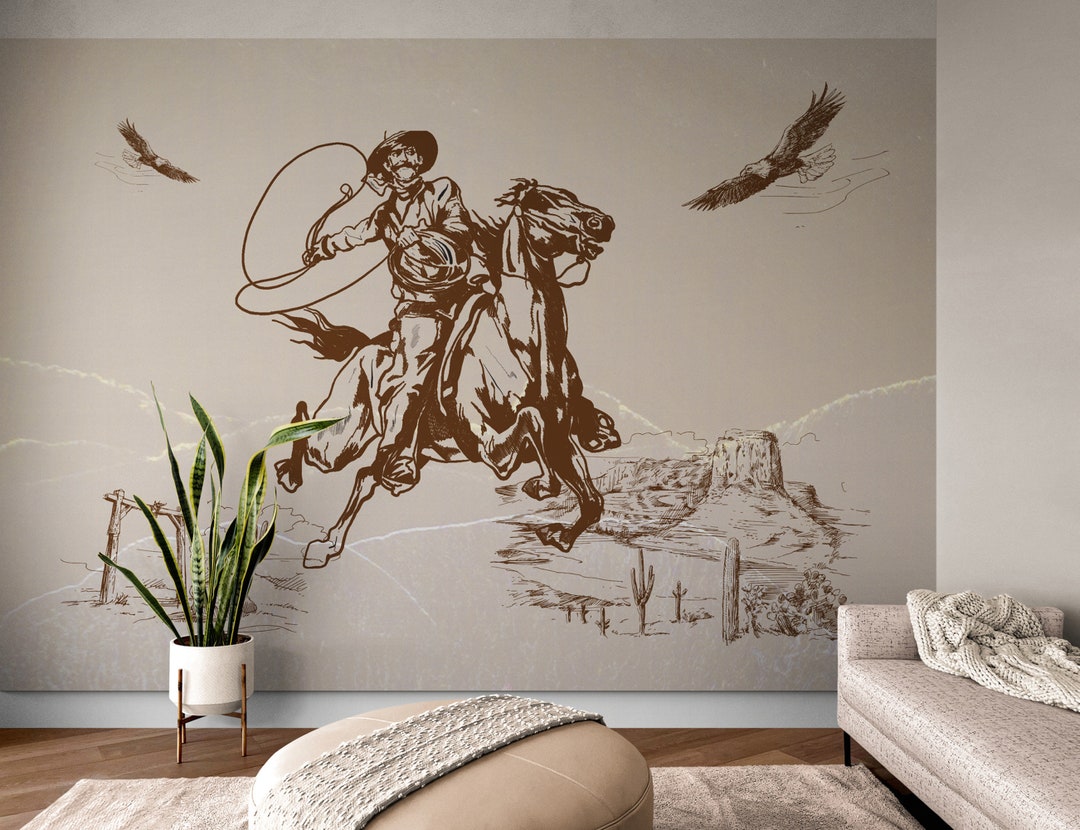Cowboy Wall Decal, Southwestern Wallpaper, Wild West Wall Mural Peel