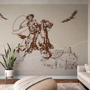 Cowboy Wall Decal, Southwestern Wallpaper, Wild West Wall Mural Peel and Stick, Southwest Wall Décor