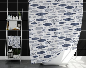 Cabin Shower Curtain with Fish, Blue White Shower Curtain, Minimalist  Beach House Decor