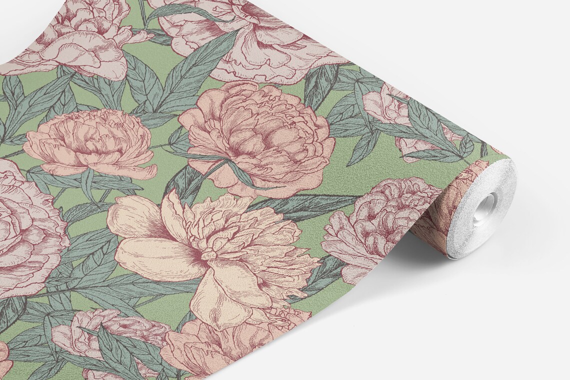 Peony Wallpaper Pink Flowers on Sage Green Wall Decal Etsy