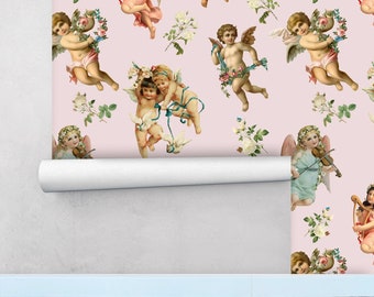 Pink Wallpaper, Cupid Wall Decor, Girly Wallpaper with Angel, Traditional Wallpaper, Nursery Room Decor