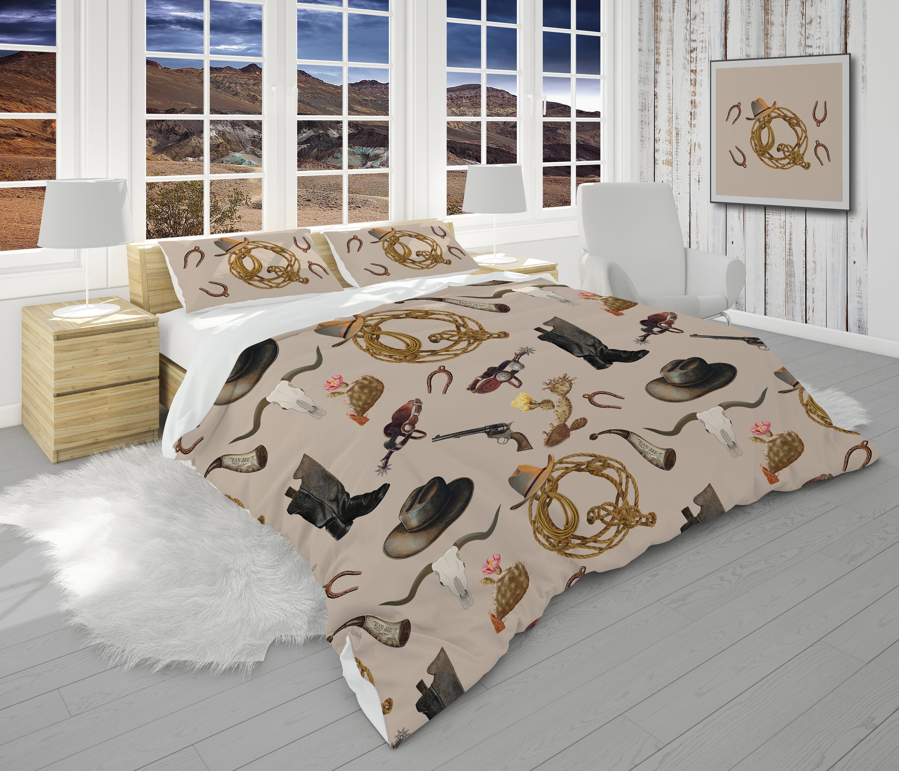 Set di biancheria da letto con lenzuolo con angoli, marrone, per letto king size, stile western cowboy e cappello retrò, stile rustico, casale in legno, tribale, 3 pezzi (senza lenzuolo piatto