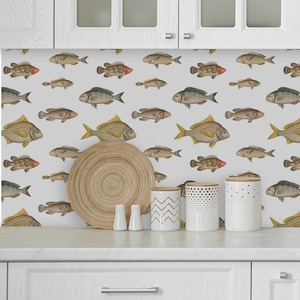 Fish Wallpaper, Wall Paper with Fish, Fishing Decor, Lake House Decor, Cottage Wall Décor