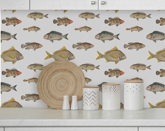 Fish Wallpaper, Wall Paper with Fish, Fishing Decor, Lake House Decor, Cottage Wall Décor