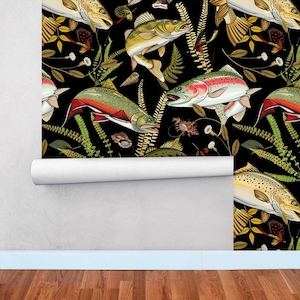 Fishing Wallpaper, Dark Wall Paper with Fish, Traditional Wallpaper, Lake House Decor, Cottage Wall Décor
