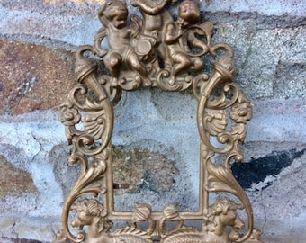 Antique large Bronze Angel Frame, 1.5kg large ornate French Bronze Cupids and Seahorses Photo Frame, 1920s, 1.5 Kilos weight