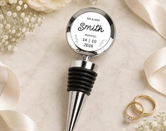 Personalised Wedding Wine Stopper, Mr and Mrs Bottle Stopper, Custom Surname and Date Gift for Couple