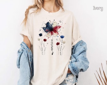 Camiseta patriótica floral Comfort Colors®, camiseta America 1776, camisetas para mujer del 4 de julio, camisetas USA Freedom