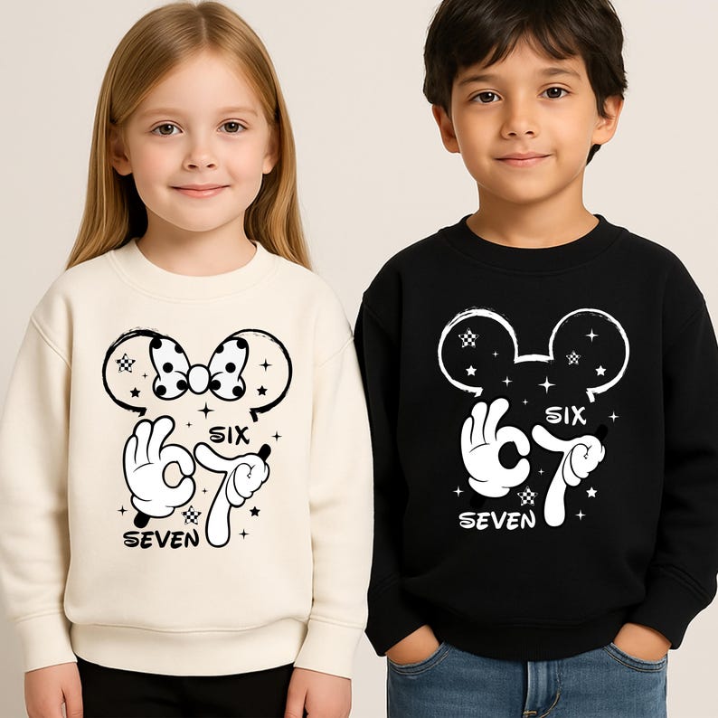 mickey and minnie matching shirts for siblings, 6 and 7 birthday disney shirts, kids disney trip outfit for disney world photos