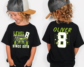 Camiseta Nivel 8 Desbloqueado: Camiseta personalizada de cumpleaños para niños con temática de videojuegos, regalo para el 8º cumpleaños