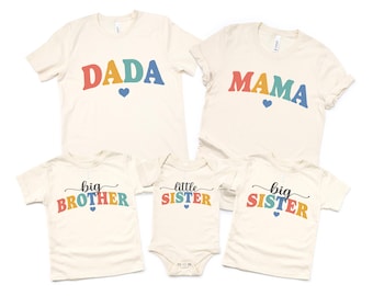 Camisetas familiares a juego, camiseta para anunciar el embarazo, camiseta para mamá y papá, camiseta para hermano mayor y hermana, camisetas para anunciar la llegada del bebé.