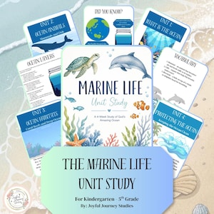 Op de afbeelding: Een kleurrijke educatieve unit study getiteld "Marine Life" voor kleuters tot en met groep 5. De studie omvat verschillende onderwerpen zoals zeedieren en habitats. De omslag toont illustraties van het zeeleven.