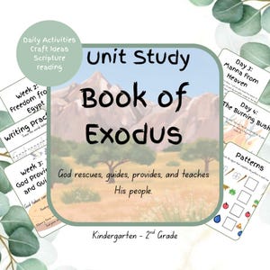 Puede incluir: Un estudio de unidad para el Libro del Éxodo, con una ilustración de paisaje de montañas y árboles. El texto incluye "Actividades diarias", "Ideas de manualidades" y "Kindergarten - 2º grado". Tarjetas adicionales muestran "Semana 2: Libertad de Egipto" y "Semana 3: Dios provee y guía."