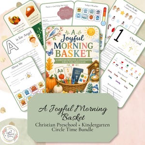 Peut inclure: Une collection de fiches pédagogiques imprimables intitulée A Joyful Morning Basket, comprenant une page de couverture centrale avec un panier de crayons, une Bible et des illustrations saisonnières, entourée de diverses feuilles d'activités.