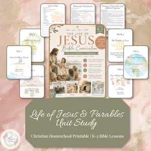 May include: A collection of educational printable pages titled The Life of Jesus Bible Curriculum for grades K-5. The set includes lesson plans, daily readings, and activity sheets featuring illustrations of biblical scenes, maps, and text.