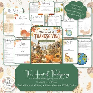 Op de afbeelding: Een verzameling gedrukte educatieve materialen getiteld The Heart of Thanksgiving, een geloofsgebaseerde studie voor groep K-5. De pagina's bevatten illustraties van pelgrims, inheemse Amerikanen, pompoenen, maïs en herfstbladeren met tekst.