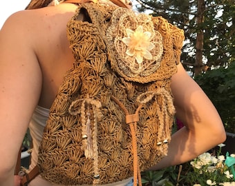 Knitting racksack. Straw  handmade Rattan female Backpacks.