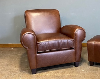 1920's Inspired Parisian Scroll Back Club Chair with Matching Ottoman in Aniline Leather Made to Order in 3 Weeks