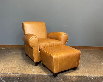 1920's Inspired Parisian Scroll Back Club Chair & Ottoman in Aniline Leather Made to Order in 3 Weeks